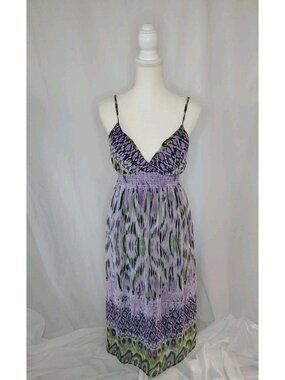 She’s Cool Y2K Women’s Maxi Dress Med Purple Sleeveless V Neck Scarf Print Sz L